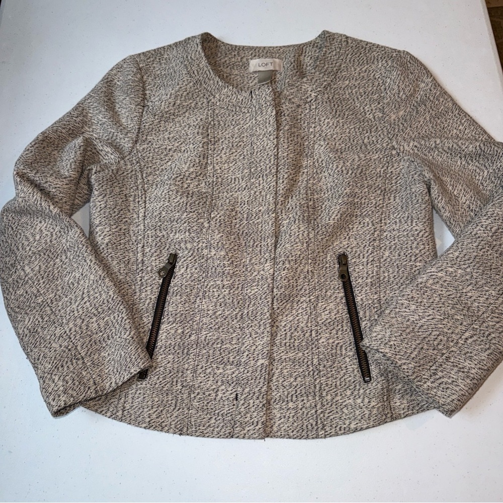 Loft Ann Taylor Womens Size 8 Black White Marled Textured Full Zip‎ Jacket Pkt